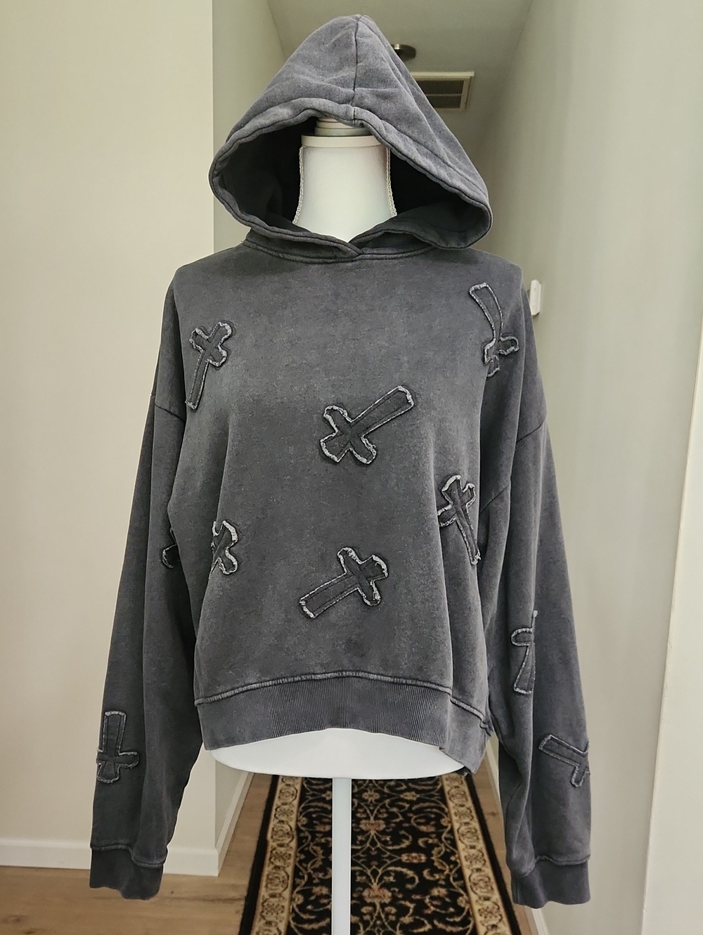 Daisy Street Black Cross Patch Cropped Hoodie Pullover Size XS OVERSIZED